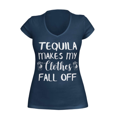 Navy VNeck T-shirt featuring the text 'Tequila makes my clothes fall off,' accompanied by an image of a shot glass with a yin yang symbol on each side of the words. Designed by WooHoo Apparel.